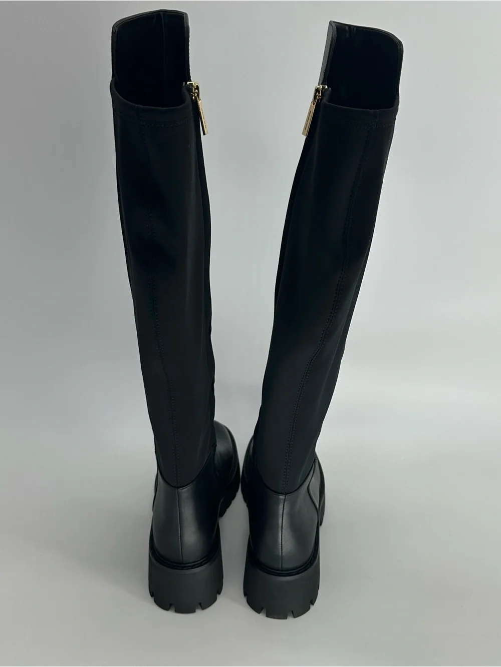 Michael Kors Black Leather Knee High Lug Sole Boots Gold Hardware
